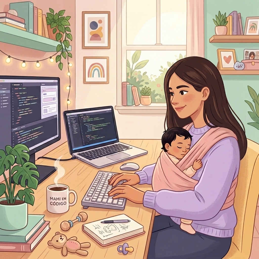 Ladys programando con su bebé en brazos