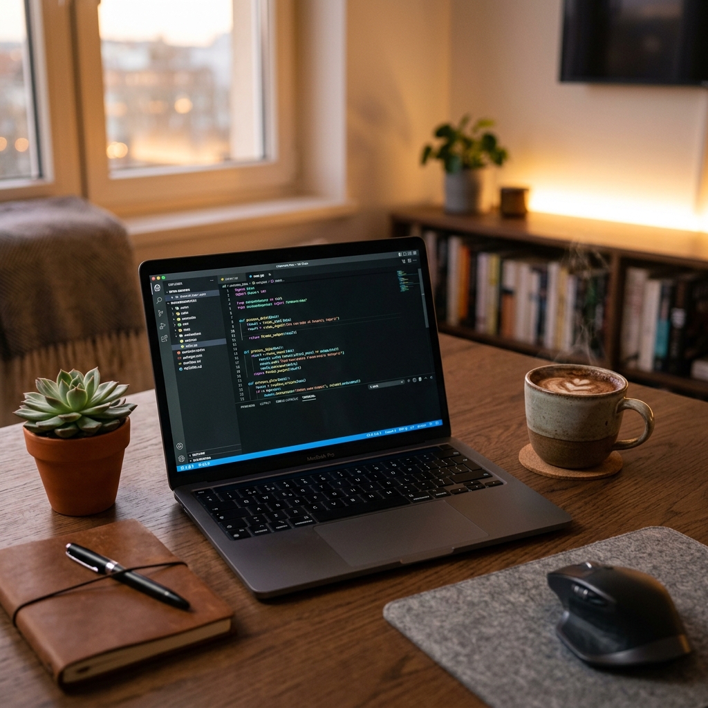 Laptop mostrando código con un café de especialidad al lado